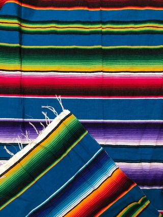 Mexican Traditional Serape Blanket Multi Color Rainbow White Fringe 58 " X 84 "