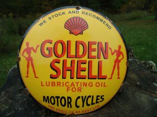 Vintage Golden Shell Oil For Motorcycles Porcelain Gas Station Dome Sign