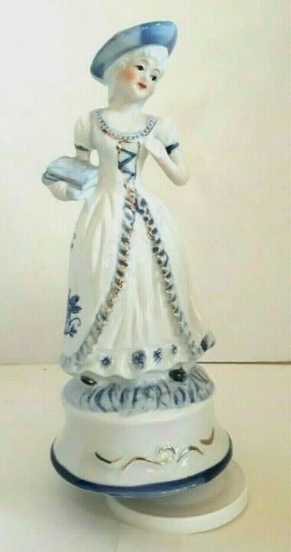 Vintage Musical Porcelain Ceramic Doll Woman Figurine Victorian Dress Blue - 51