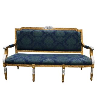 Antique Royal Victorian Rococo Ornate Floral Motif Settee With Blue Upholstery