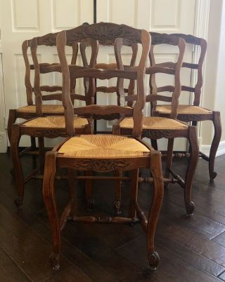 Antique Vintage French Oak Dining Chairs With Rush Seat - Total Of Six (6)