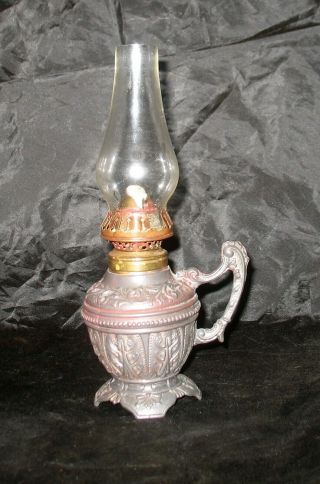 Antique Finger Oil Lamp Pewter Mini With Ornate Design Chimney & Wick