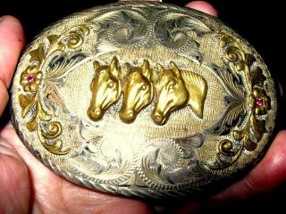 3 Horse Head Vintage Sterling Silver Front Belt Buckle Hand Engraved