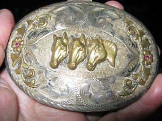 3 HORSE HEAD Vintage STERLING SILVER Front Belt Buckle Hand Engraved 2