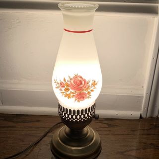 Vintage Brass Hurricane Oil Style Table Lamp W/ Hand Painted Milk Glass Shade