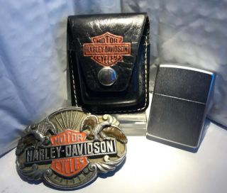 Vintage Harley Leather Zippo Pouch Belt Buckle And Zippo Lighter