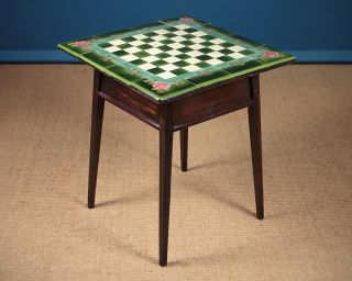 Antique Edwardian Era Arts & Crafts Tile Top Games Table C.  1905