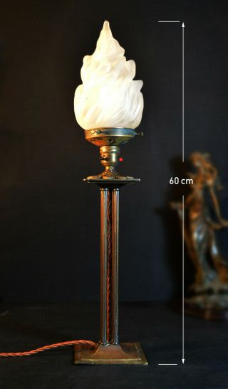 Rare C - 1920 Art Deco Four Column Bronze Lamp With Opaline Flame Torch Shade