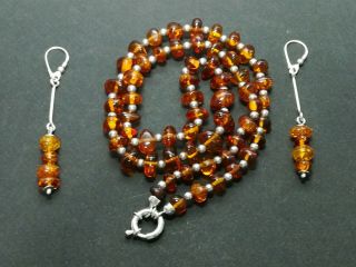 Vintage Natural Beads Ambre Baltic With Silver Nacklace And Earrings