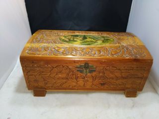 Vintage Wooden Jewelry Box,  Carved With Mirror.