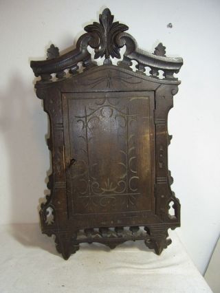 Antique German Black Forest Carved Wood Wall Cabinet 19th Century