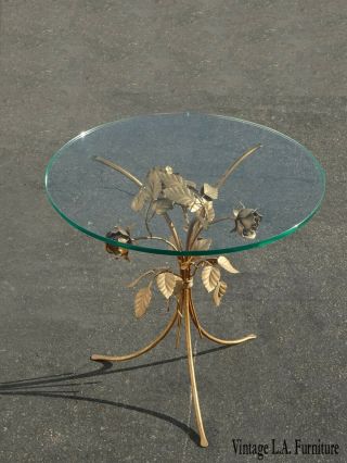 Vintage Italian Gold Floral W Leaf & Roses Tole End Side Table W Round Glass