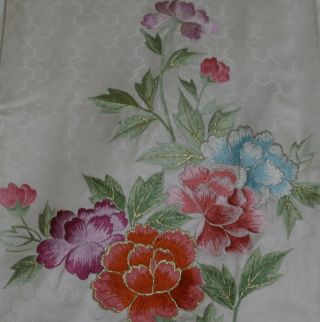 Japanese Vintage Kimono Silk Fabric " Embroidered Peonies "