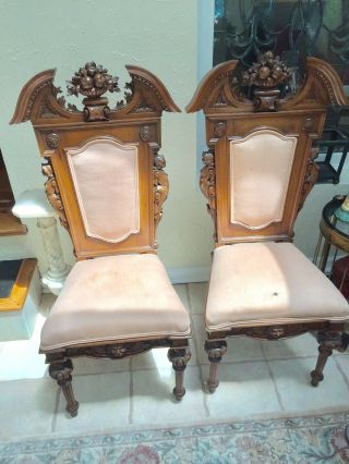 Art Nouveau Antique Carved Walnut Chairs (2) Sculpture Like Carving
