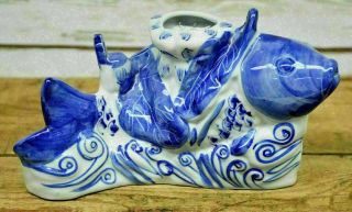 Vintage Chinese Porcelain Blue White Koi Carp Fish Teapot Nose And Mouth Spout