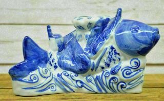 Vintage Chinese Porcelain Blue White Koi Carp Fish Teapot Nose And Mouth Spout 2