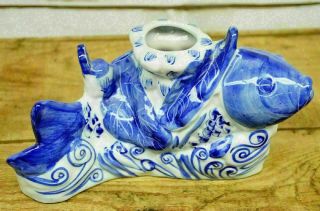Vintage Chinese Porcelain Blue White Koi Carp Fish Teapot Nose And Mouth Spout 3