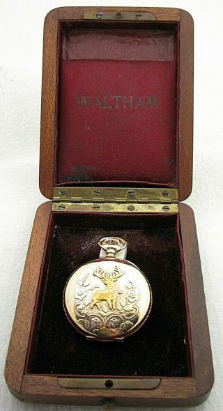 Antique 6s Waltham Gold Filled Multi Colored Deer Hunter Case Pocket Watch W/box