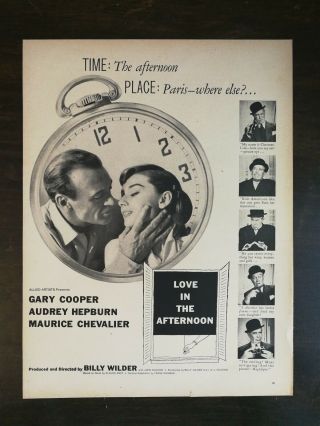 Vintage 1957 Love In The Afternoon Gary Cooper Audrey Hepburn Movie Poster Ad