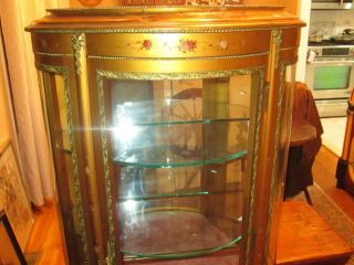 Antique Vernis Martin Gold French Style Hand Painted Bow Front Curio Cabinet 2