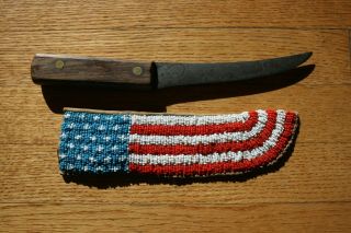 Great Old Native American Flag Sheath And Trade Knife Plains Indian Beaded Hide
