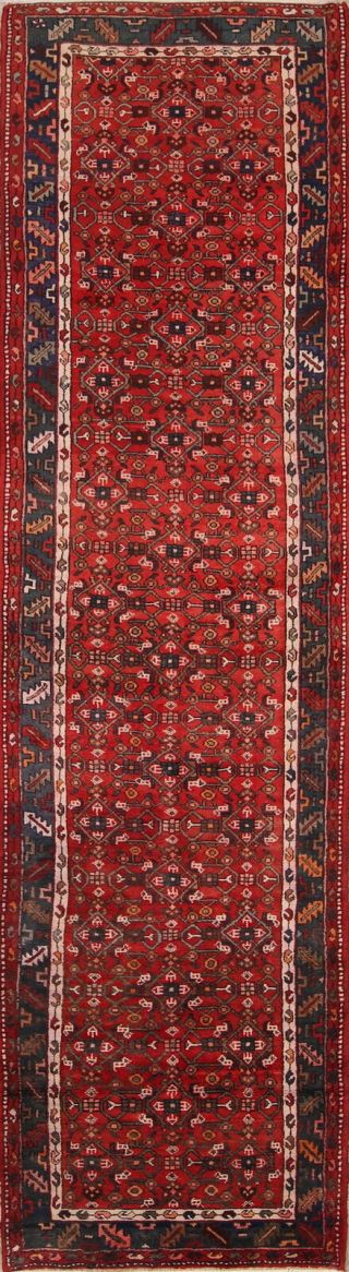 Vintage Geometric Hamadan Oriental Runner Rug Wool Hand - Knotted Palace Size 4x13