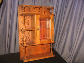 Rare Antique Carved Hanging Wall Cabinet 1800s Medicine Chest Bevel Glass Door