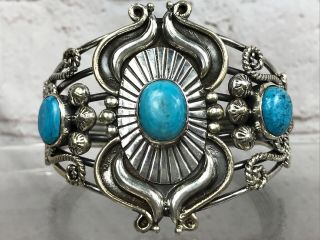 Vintage Navajo Sterling Silver Turquoise Stampwork Cuff Bracelet 65g