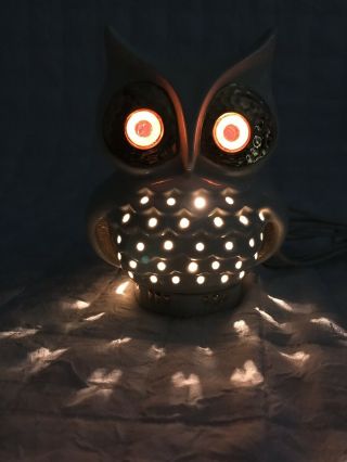 Vintage Owl Lamp Ceramic Night Light Retro Mid Century White Gold Glowing Eyes