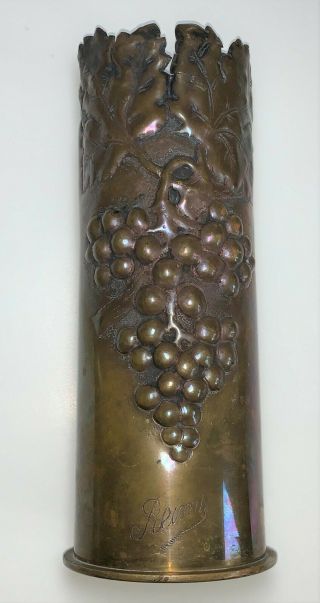 Wwi Us Trench Art 1917 Brass German Shell Vase " Rheims " Vinyard Grapes Scene
