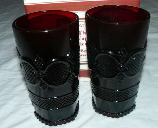 Set Of 2 Avon 1876 Cape Cod Ruby Red Tall Beverage Glasses Tumblers 5.  5 " Mib