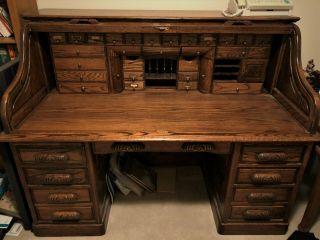 Antique Oak Crest Roll Top Desk - 66 " Wide - S Roll - All Complete