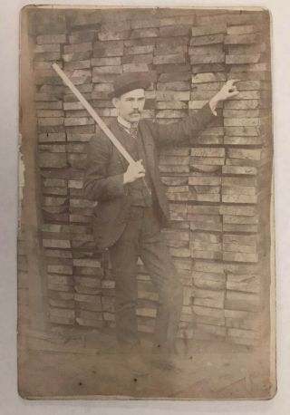 Vintage Large Cdv Occupational Man Next To Lumber Stack Holding Lumber Rule