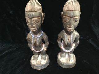 Antique African Wood Tribal Pair Yoruba Twin Figures Trade Beads Aged Patina 8”