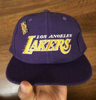 Vintage 90s Los Angeles Lakers Starter Script Snapback Hat Purple Gold