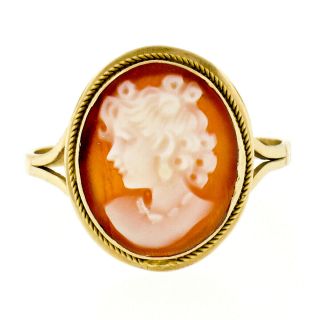 Vintage 18k Yellow Gold Petite Carved Shell Cameo Twisted Wire Split Shank Ring