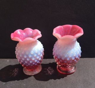 Vintage Fenton Pink White Opalescent Mini 3.  5 Inch Hobnail Flower Bud Vase Pair