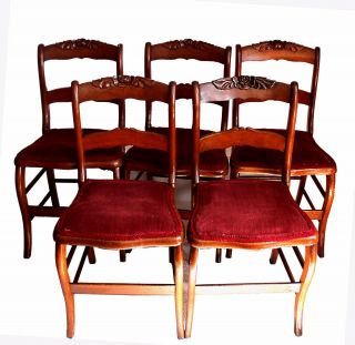 Antique American Victorian Wine Corduroy Velvet Dining Chairs - Set Of Six