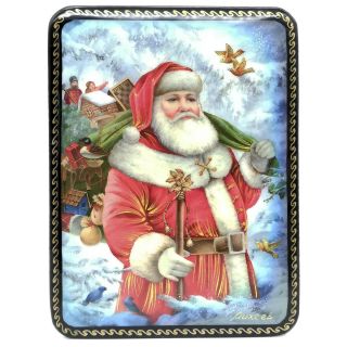 Lacquer Box Santa Claus With Gifts Bird Christmas Decoupage Hand Painting S11