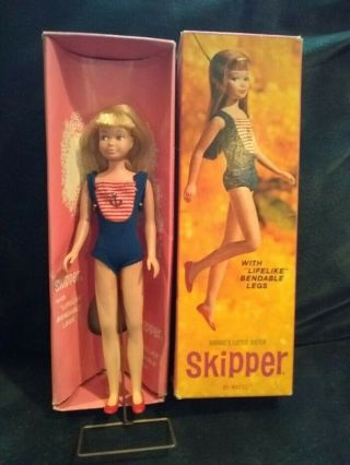 Vintage Barbies Little Sister " Skipper " W/ Bendable Legs Box And Stand,  Clothes