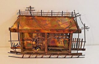 Vintage Mid Century Modern Copper Wall Art Hanging - Old House / Building