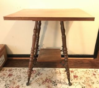 Large Vintage Oak Side Accent Table With Shelf Ball In Claw Feet Turned Legs