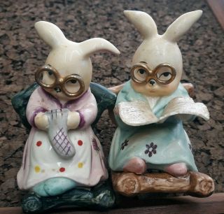 Vintage Salt & Pepper Shakers Bunny Rabbits In Rocking Chair