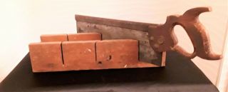 Vintage Henry Disston Sons 14 " Miter Box Saw With Early Oak Miter Box.