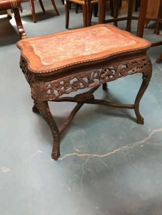 Antique Marble Top Carved Wood End Table