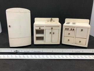 Vintage Wooden Dollhouse Furniture Kitchen Set - Refrigerator Sink Stove