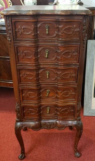 Vtg French Provincial Walnut 5 Drawer Chest H41 " X W18 " X D13 " Jewelry Lingerie