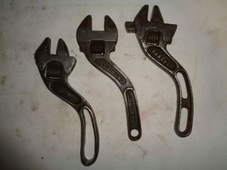 3 Different Antique 8 Inch Adjustable Wrenches With Curved Handles Farm Tool