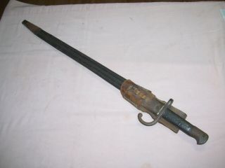 Antique Military Bayonet With Wood Handle And Leather Sheath 27 1/2 Inches Long