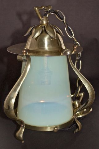 Antique Arts And Crafts Vaseline Glass & Brass Hall Lantern Ceiling Light
